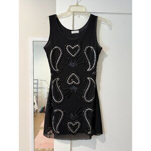 Black mesh sleeveless mini dress with silver sequin and bead embellishments